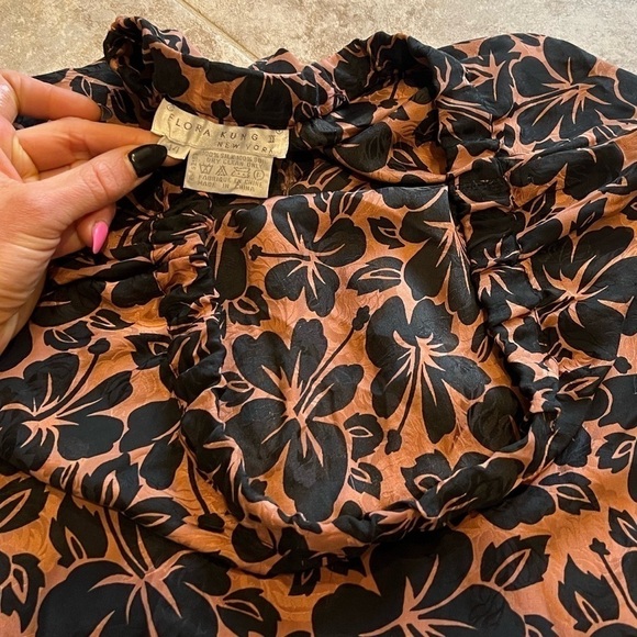 Flora Kung Vintage Silk Pull on Floral Midi Skirt Brown Black Size 14 mid rise - Picture 3 of 8